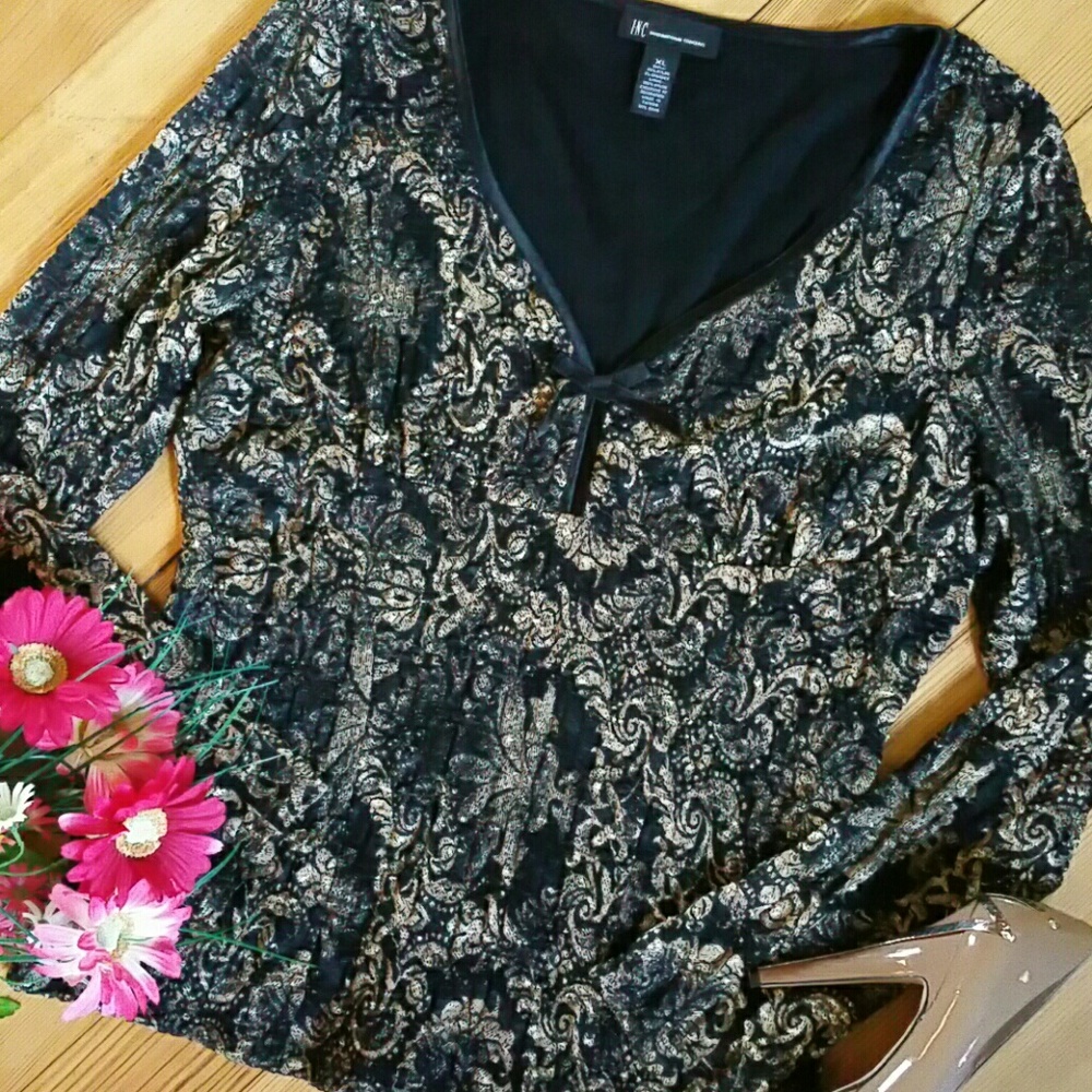 {I°N°C} Darling Black and Gold Lace Top Blouse